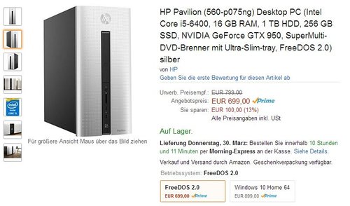 HP Pavilion (560-p075ng) Desktop PC (Intel Core i5-6400, 16 GB RAM, 1 TB HDD, 256 GB SSD, NVIDIA GeForce GTX 950, SuperMulti-DVD-Brenner mit Ultra-Slim-tray, FreeDOS 2.0) silber - jetzt 13% billiger