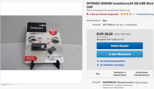 Intenso 3535490 iMobile Line 64GB USB-Stick USB 3.0 - jetzt 22% billiger Intenso 3535490 iMobile Line 64GB USB-Stick USB 3.0 - jetzt 22% billiger
