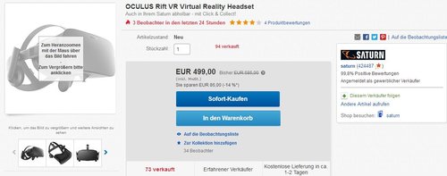 OCULUS Rift VR Virtual Reality Headset - jetzt 15% billiger