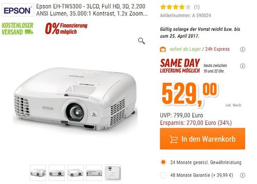 Epson EH-TW5300 LCD Projektor - jetzt 34% billiger