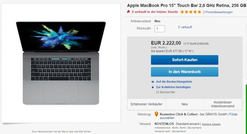 Apple MacBook Pro 15" Touch Bar 2,6 GHz Retina, 256 GB SSD, 16 GB RAM, spacegrau - jetzt 18% billiger