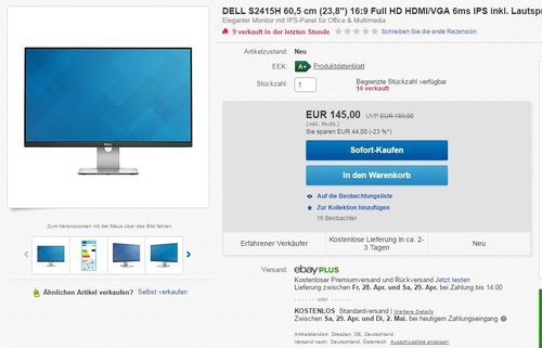 Dell S2415H 60,5 cm (23,8 Zoll) Monitor (HDMI, VGA, 6ms Reaktionszeit) schwarz - jetzt 23% billiger Dell S2415H 60,5 cm (23,8 Zoll) Monitor (HDMI, VGA, 6ms Reaktionszeit) schwarz - jetzt 23% billiger