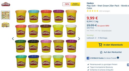 Hasbro Play-Doh Super Farbenset (20er Pack), Knete - jetzt 50% billiger Hasbro Play-Doh Super Farbenset (20er Pack), Knete - jetzt 50% billiger