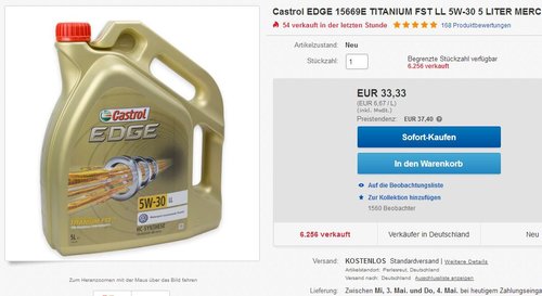 Castrol EDGE 15669E TITANIUM FST LL 5W-30 5 LITER - jetzt 11% billiger