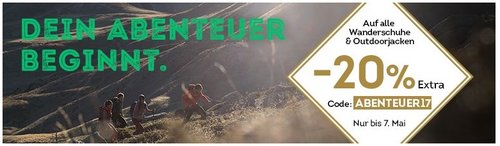 20% Rabatt auf alle Wanderschuhe & Outdoorjacken - jetzt 20% billiger 20% Rabatt auf alle Wanderschuhe & Outdoorjacken - jetzt 20% billiger
