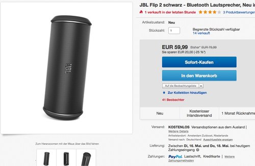 JBL Flip 2 Stereo-Lautsprecher, Bluetooth, Schwarz - jetzt 25% billiger JBL Flip 2 Stereo-Lautsprecher, Bluetooth, Schwarz - jetzt 25% billiger