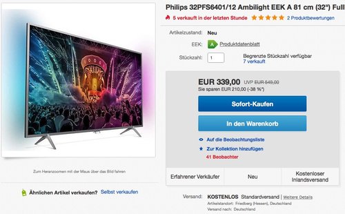 Philips 32PFS6401 80 cm (32 Zoll) Smart TV - jetzt 9% billiger