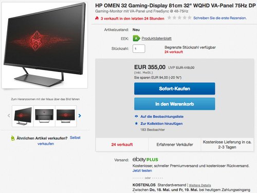 HP Omen W9S97AA 81,28 cm (32 Zoll) Gaming Monitor - jetzt 11% billiger