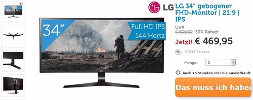 LG 34UC79G-B 21:9 Curved UltraWide IPS Gaming Monitor mit 86,4 cm (34 Zoll) - jetzt 14% billiger