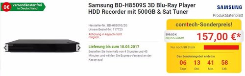 Samsung BD-H8509S 3D Blu-Ray Player HDD Recorder mit 500GB & Sat Tuner - jetzt 13% billiger