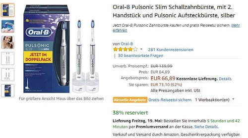 Oral-B Pulsonic Slim Schallzahnbürste, mit 2. Handstück und Pulsonic Aufsteckbürste, silber - jetzt 21% billiger Oral-B Pulsonic Slim Schallzahnbürste, mit 2. Handstück und Pulsonic Aufsteckbürste, silber - jetzt 21% billiger
