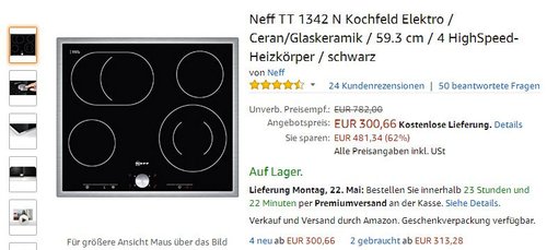 Neff TT 1342 N Kochfeld Elektro / Ceran/Glaskeramik / 59.3 cm / 4 HighSpeed-Heizkörper / schwarz - jetzt 27% billiger Neff TT 1342 N Kochfeld Elektro / Ceran/Glaskeramik / 59.3 cm / 4 HighSpeed-Heizkörper / schwarz - jetzt 27% billiger