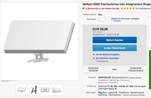 Selfsat H30D Flachantenne inkl. integriertem Single LNB - jetzt 16% billiger