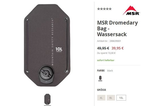 MSR Dromedary Bag - Wasserbeutel 10 Liter - jetzt 20% billiger MSR Dromedary Bag - Wasserbeutel 10 Liter - jetzt 20% billiger