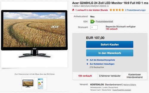 Acer G246HLG 24 Zoll LED Monitor - jetzt 23% billiger Acer G246HLG 24 Zoll LED Monitor - jetzt 23% billiger