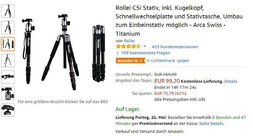 Rollei C5i Stativ, inkl. Kugelkopf, Titanium - jetzt 21% billiger