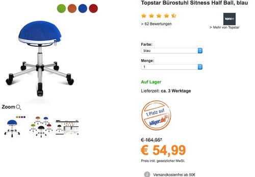 Topstar SH17BB0 Fitness-Hocker Sitness Half Ball - jetzt 39% billiger Topstar SH17BB0 Fitness-Hocker Sitness Half Ball - jetzt 39% billiger