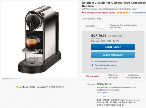 Delonghi Citiz EN 166.C Nesspresso Kapselmaschine - jetzt 20% billiger