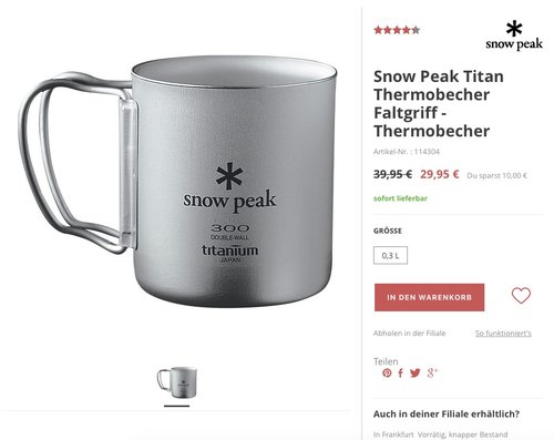Snow Peak Titan Thermobecher Faltgriff - Thermobecher 300 ml - jetzt 25% billiger Snow Peak Titan Thermobecher Faltgriff - Thermobecher 300 ml - jetzt 25% billiger