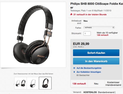 Philips SHB 8000 CitiScape Foldie Kabelloser Bluetooth On-Ear-Kopfhörer, schwarz oder weiß - jetzt 49% billiger