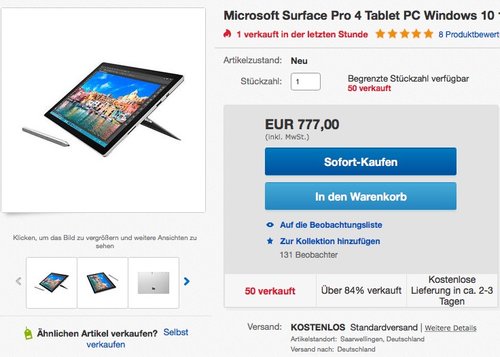 Microsoft Surface Pro 4 Tablet-PC (Intel Core i5, 4GB RAM, 128 GB) - jetzt 8% billiger