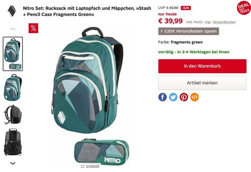 Nitro Set: Rucksack mit Laptopfach und Mäppchen, »Stash + Pencil Case Fragments Green« - jetzt 38% billiger