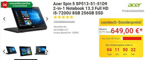 Acer Spin 5 (SP513-51-51D9) 33,8 cm (13,3 Zoll Full HD IPS) Convertible Notebook Win 10 Home - jetzt 12% billiger Acer Spin 5 (SP513-51-51D9) 33,8 cm (13,3 Zoll Full HD IPS) Convertible Notebook Win 10 Home - jetzt 12% billiger