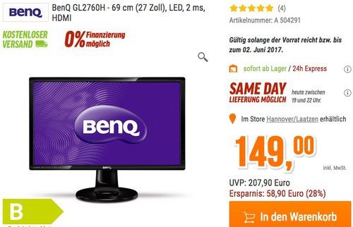BenQ GL2760H 68,6 cm (27 Zoll) Monitor - jetzt 19% billiger