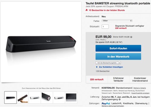Teufel BAMSTER portabler Bluetooth Soundbar, silber - jetzt 20% billiger