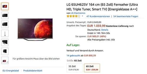 LG 65UH625V 164 cm (65 Zoll) Fernseher (Ultra HD, Triple Tuner, Smart TV) [Energieklasse A++] - jetzt 16% billiger