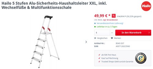 Hailo 5 Stufen Alu-Sicherheits-Haushaltsleiter XXL, inkl. Wechselfüße & Multifunktionsschale - jetzt 38% billiger Hailo 5 Stufen Alu-Sicherheits-Haushaltsleiter XXL, inkl. Wechselfüße & Multifunktionsschale - jetzt 38% billiger
