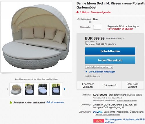 Bahne Moon Bed inkl. Kissen creme Polyrattan Sonneninsel Loungebett Gartenmöbel - jetzt 20% billiger