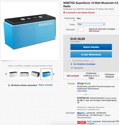 NINETEC SuperSonic 10 Watt Bluetooth 4.0 Speaker mit FM-Radio - jetzt 20% billiger