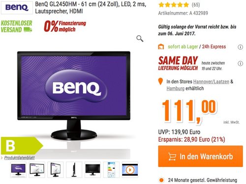 BenQ GL2450HM 61 cm (24 Zoll) Monitor - jetzt 21% billiger