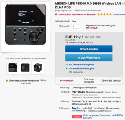 MEDION LIFE MD 86988 Internetradio mit Wlan (Empfang von 13.000 Internet-Radiosendern, Farbdisplay, UKW-Empfänger, DLNA kompatibel), schwarz - jetzt 20% billiger