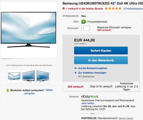 Samsung UE43KU6079UXZG 43" LED Fernseher - jetzt 5% billiger