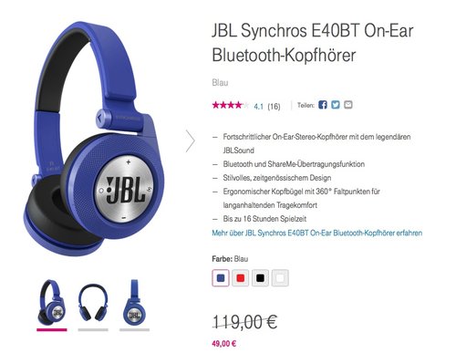 JBL Synchros E40BT On-Ear Bluetooth-Kopfhörer - jetzt 30% billiger