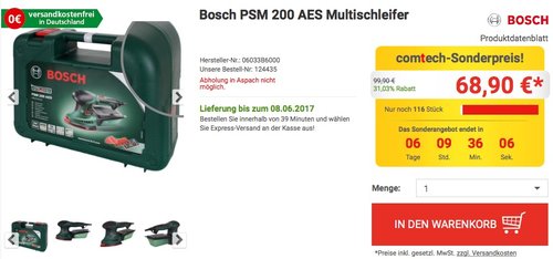 Bosch DIY Multischleifer PSM 200 AES, 2 Schleifpapiere K 80, Rechteckige Schleifplatte, Koffer - jetzt 12% billiger