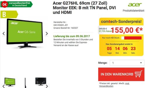 Acer G276HL 69cm (27 Zoll) Monitor - jetzt 13% billiger Acer G276HL 69cm (27 Zoll) Monitor - jetzt 13% billiger