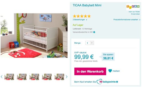 TiCAA Babybett Mimi, weiß - jetzt 22% billiger