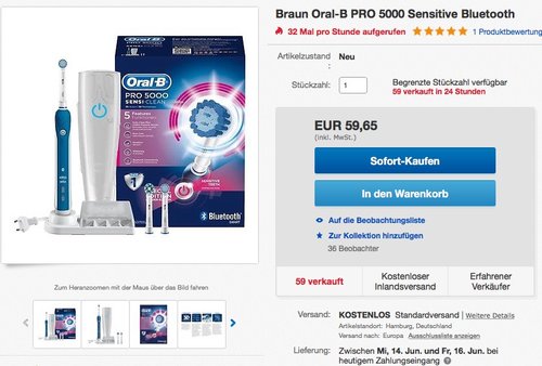 Braun Oral-B PRO 5000 Sensitive Bluetooth - jetzt 30% billiger Braun Oral-B PRO 5000 Sensitive Bluetooth - jetzt 30% billiger
