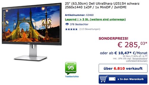 Dell U2515H Monitor 25 Zoll - jetzt 7% billiger