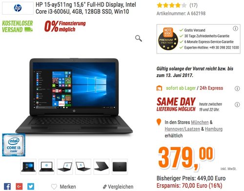 HP 15-ay511ng 15,6" Full-HD Display Notebook - jetzt 13% billiger HP 15-ay511ng 15,6" Full-HD Display Notebook - jetzt 13% billiger