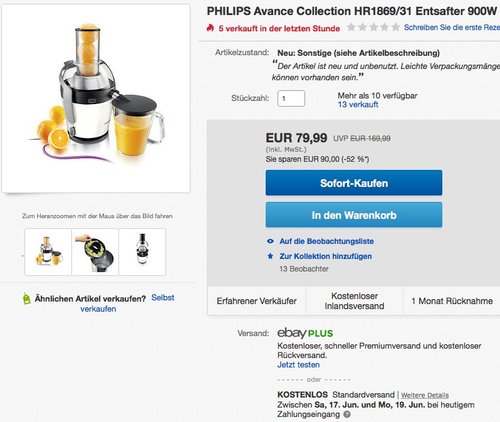 Philips HR1869/31 Avance Entsafter - jetzt 41% billiger Philips HR1869/31 Avance Entsafter - jetzt 41% billiger