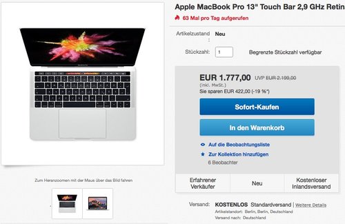 Apple MacBook Pro 13" Touch Bar 2,9 GHz Retina, 512 GB SSD, 8 GB RAM, silber - jetzt 5% billiger Apple MacBook Pro 13" Touch Bar 2,9 GHz Retina, 512 GB SSD, 8 GB RAM, silber - jetzt 5% billiger