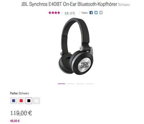 JBL Synchros E40BT On-Ear Bluetooth-Kopfhörer - jetzt 27% billiger