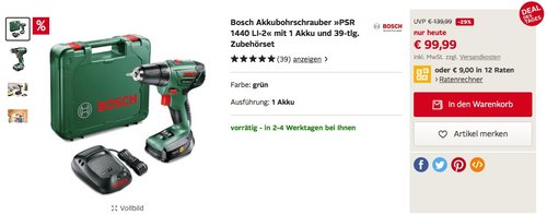 Bosch Akkubohrschrauber »PSR 1440 LI-2« mit 1 Akku und 39-tlg. Zubehörset - jetzt 27% billiger Bosch Akkubohrschrauber »PSR 1440 LI-2« mit 1 Akku und 39-tlg. Zubehörset - jetzt 27% billiger