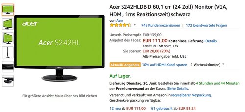Acer S242HLDBID 60,1 cm (24 Zoll) Monitor - jetzt 16% billiger Acer S242HLDBID 60,1 cm (24 Zoll) Monitor - jetzt 16% billiger