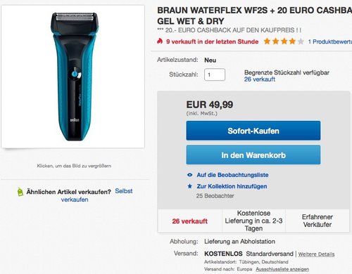 Braun WaterFlex Elektrischer Rasierer WF2s, blau incl. Gillette Gel + 20 EURO CASHBACK - jetzt 21% billiger Braun WaterFlex Elektrischer Rasierer WF2s, blau incl. Gillette Gel + 20 EURO CASHBACK - jetzt 21% billiger