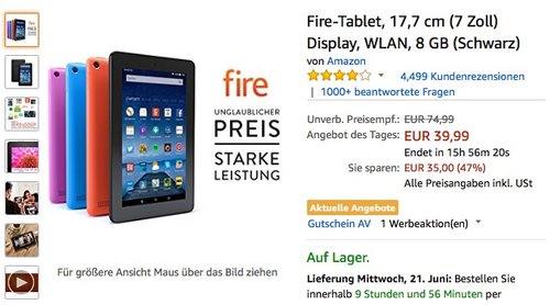 Fire-Tablet, 17,7 cm (7 Zoll) Display, WLAN, 8 GB (Schwarz) - jetzt 47% billiger